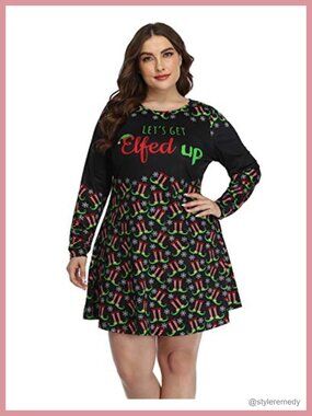 Plus Size Christmas Skater Dress Long Sleeve A-Line Holiday Swing Tunic